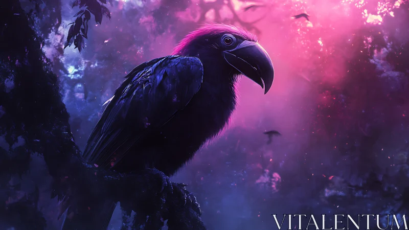 Neon dusk raven roosting inside a violet cosmic haze.