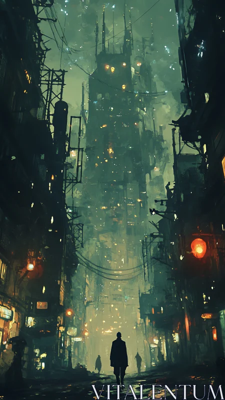 Lone figure crossing neon mist beneath colossal cyber tower.