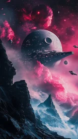 Digital painting of orbital megastructure above alien ravine.