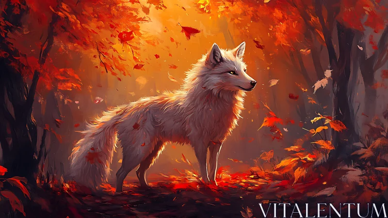 Gentle white wolf wandering through a glowing autumn forest.