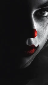 Half-lit clown visage studies the dark with burning poise
