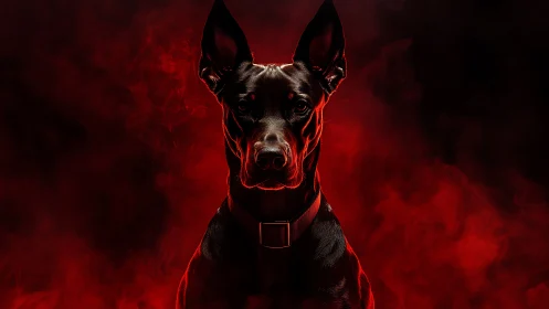 Black guard dog silhouette in dramatic red smoke portrait.