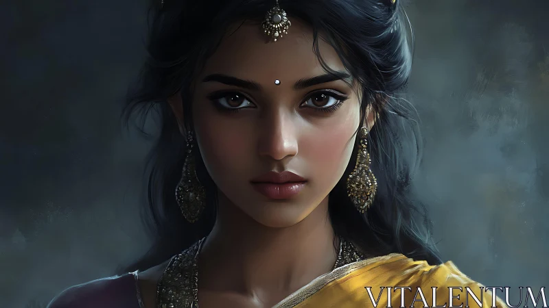 Moonlit-eyed princess in gold silk and jeweled hush.