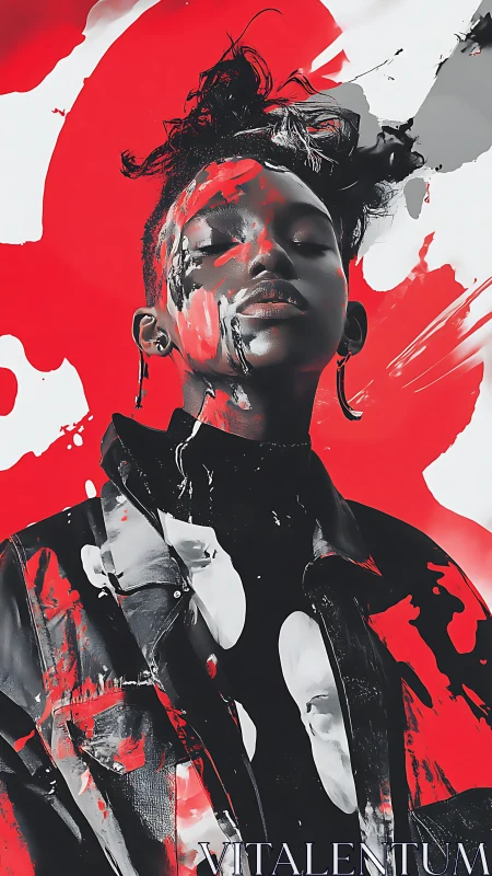 Paint-splashed rebel queen in crimson monochrome storm.