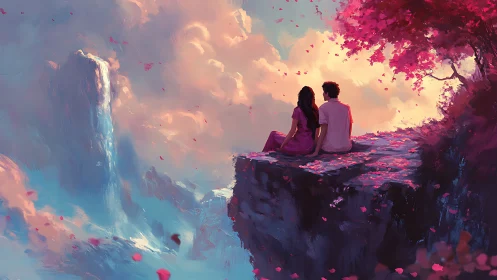 Couple Watches Sunset from Cliff Overlooking Waterfall Paradise.