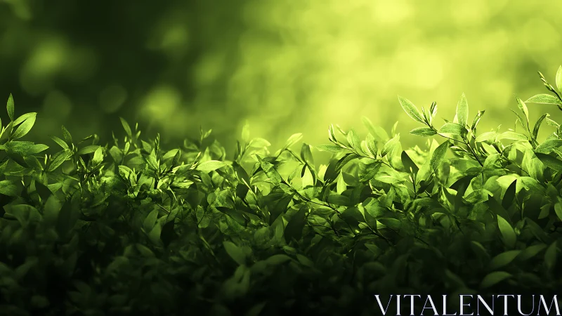 Sunlit garden leaves glowing in a soft green haze.