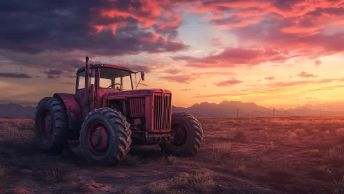 Red agricultural tractor in dry open field at sunset.