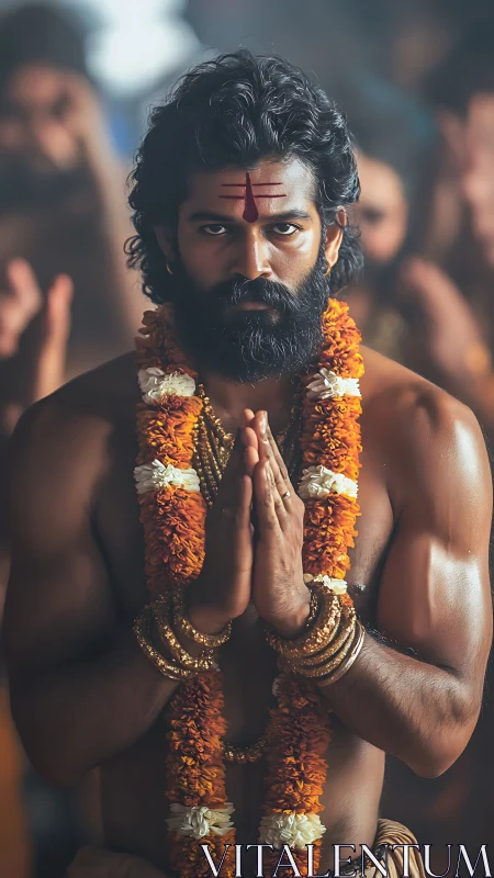 Devotee stands in focused prayer wearing marigold garlands