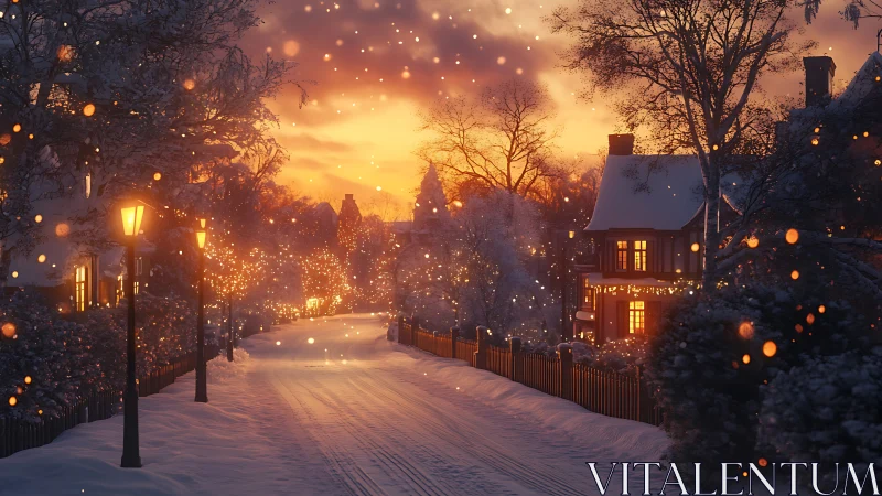 Snowy village street glows under a golden winter sunset