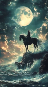 Moonlit rider overlooks storm-tossed ocean from cliff