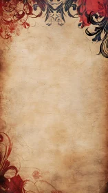 Vertical parchment background shows red and black flourishes