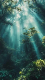 Luminescent Forest Cathedral: Volumetric Light Through Canopy.