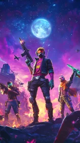 Masked futuristic squad in neon urban battlefield at night.