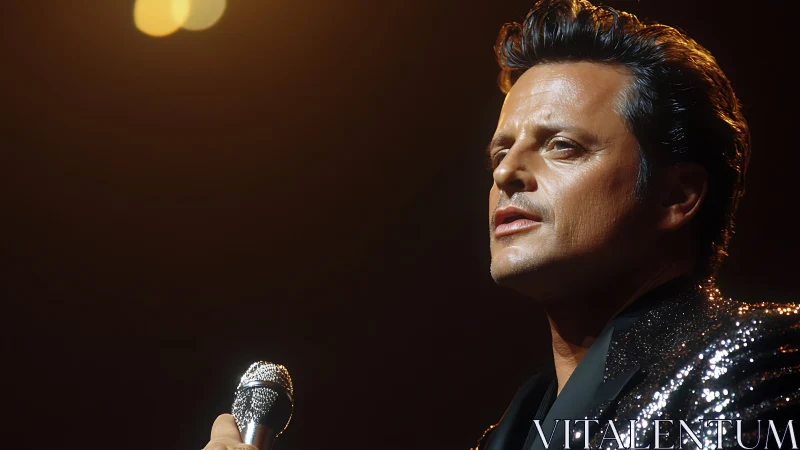 Male vocalist under warm spotlight with glittering mic.