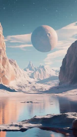 Icy canyon landscape with large moon above reflective water.