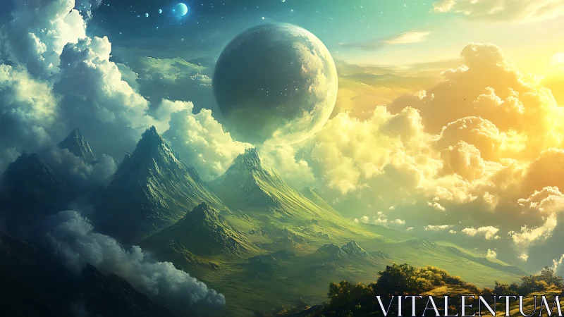 Dreamy alien mountains under a glowing cosmic sky.