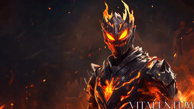 Fiery armored spirit stands glowing bright in the burning dark