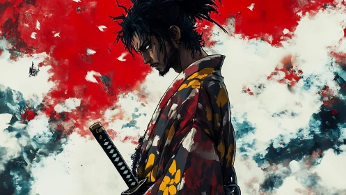 Solitary samurai in abstract red and white stormscape.