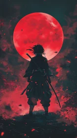 Lone samurai silhouette beneath colossal blood red moon.
