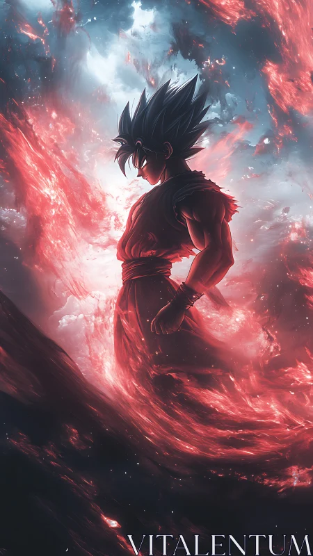 Silhouetted anime fighter amid swirling red energy field.