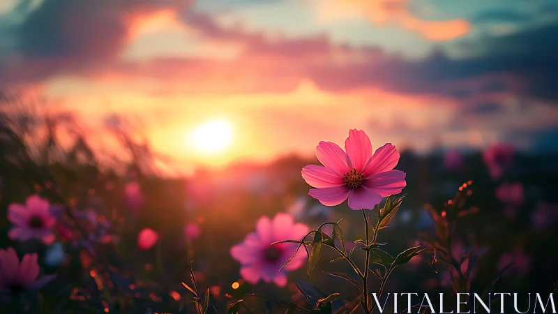 Pink cosmos flower at golden hour against softened landscape.