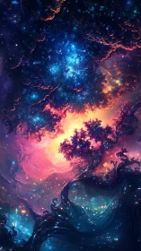 Starlit cosmic forest swirling around a glowing sky portal.