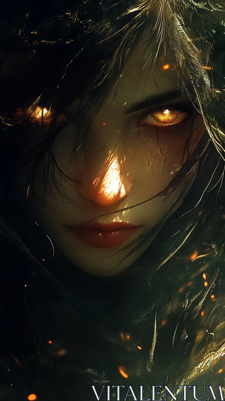 Enigmatic sorceress portrait with blazing golden eyes.