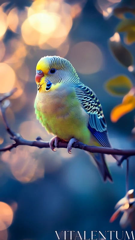 Macro portrait of green-yellow parakeet on branch, bokeh dusk