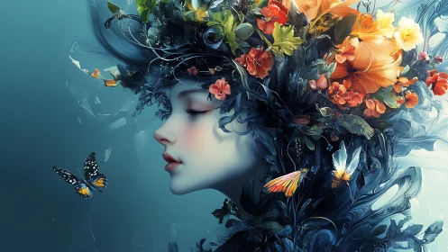 Floral crowned muse breathes softly amid drifting butterflies