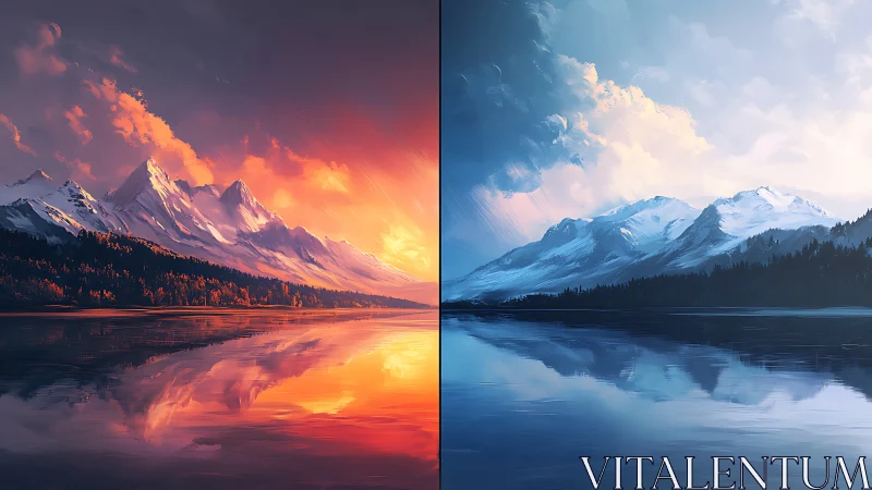 Bipolar alpine lake panorama with thermal color spectrum split.