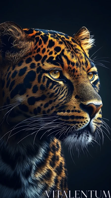 Majestic leopard profile under dramatic low key lighting.