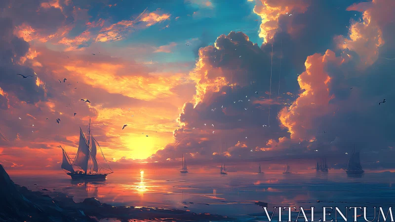 Sailboats move across calm water under dense sunset clouds