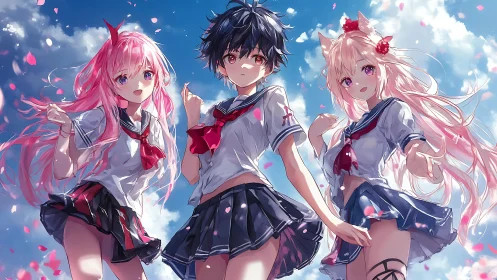 Youthful trio in dynamic sailor uniforms under vivid sky.