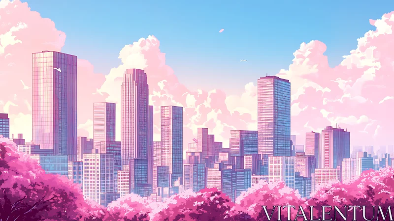 Urban skyline stands behind stylized pink foliage under clouds