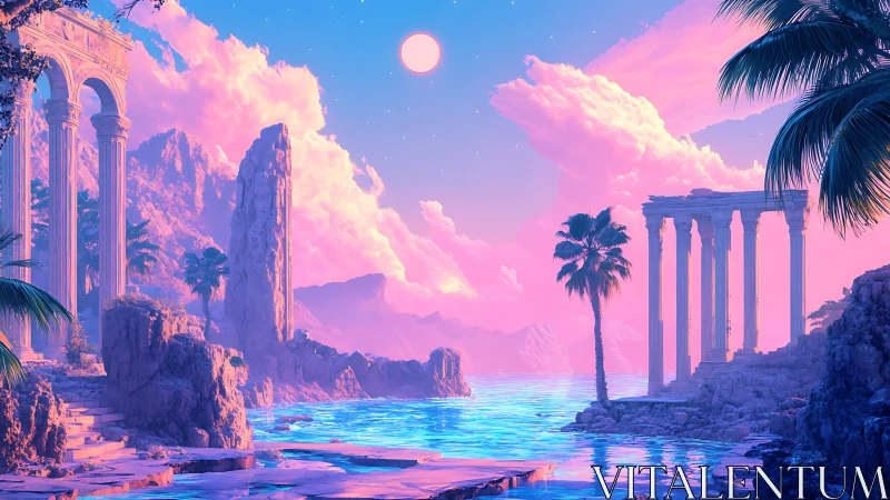 Digital seascape depicts classical ruins under pink sky