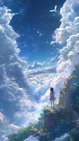 Girl observing celestial sky from cliff amid luminous clouds