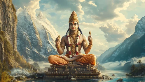 Divine Himalayan deity meditates in golden serenity over water