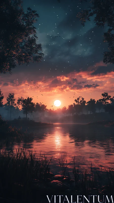 Cinematic sunset lake vista with misty treeline silhouettes.