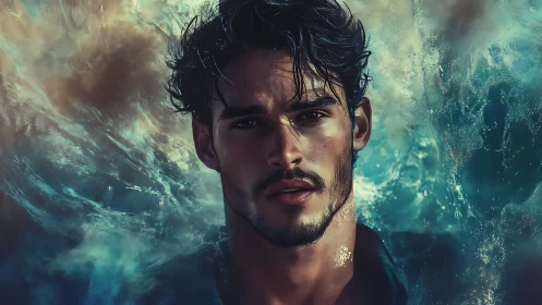 Male portrait with turbulent oceanic background.