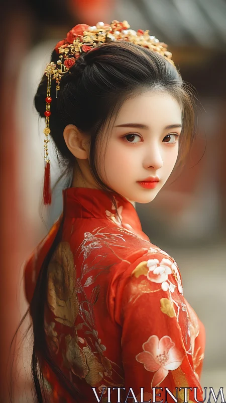 Digital portrait of woman in ornate red traditional dress.