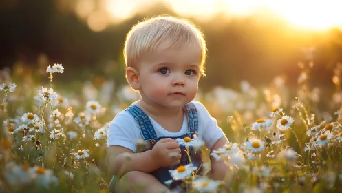 Toddler in Daisy Field at Golden Hour.