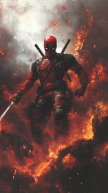 Masked red-suited antihero strides through raging fire.