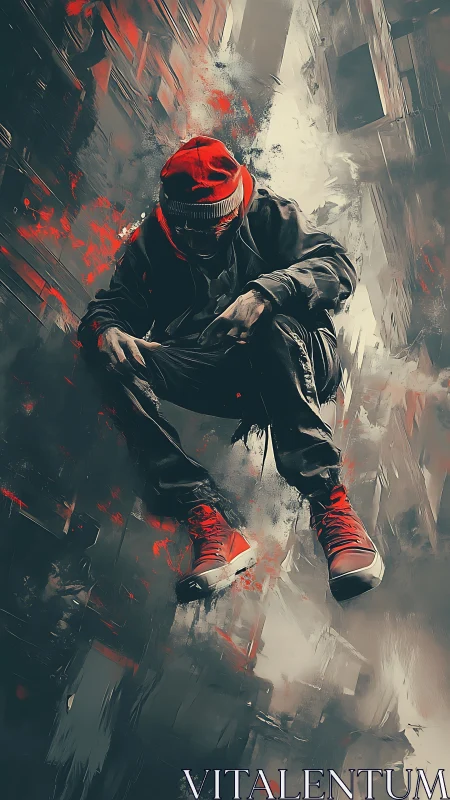 Urban streetwear figure in midair amidst abstract cityscape