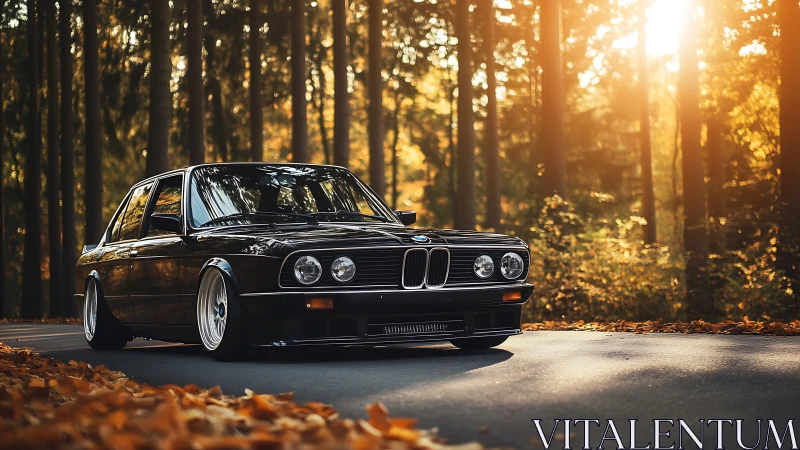 Photorealistic classic sedan on forest road at autumn golden hour.