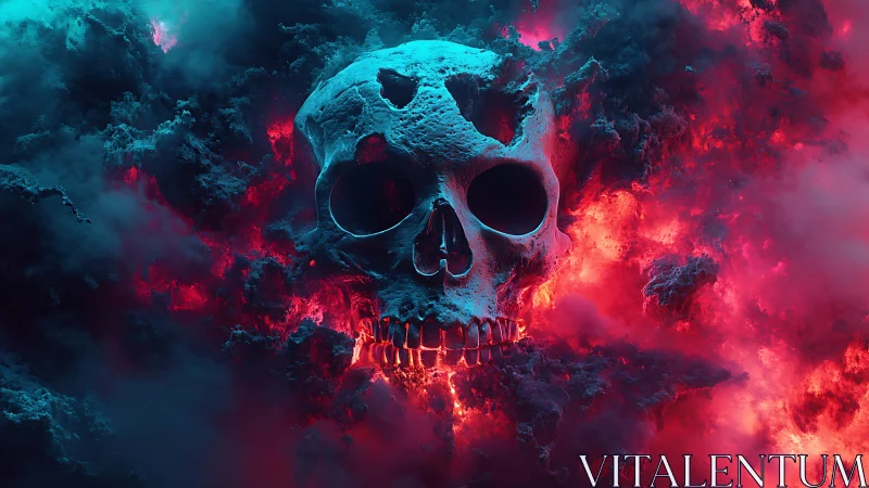 Digital skull structure within red and cyan vapor field.