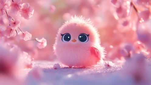 Plush pink chick gazes wide-eyed beneath drifting blossoms