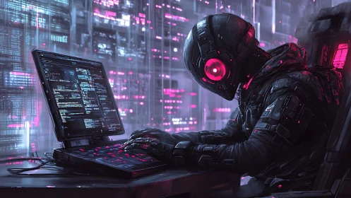 Neon-eyed cyber hacker bends code in a glowing data vault.