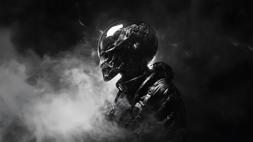 Skull-headed astronaut figure stands in dense surrounding smoke