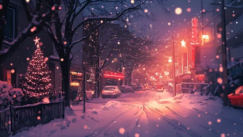 Snow covered city street with winter holiday lighting at night.