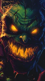 Grotesque green creature portrait with glowing eyes and teeth.